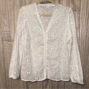 WOW White Eyelet L/S Top Vneck Topper Boho Cottagecore LN {M} Beach 5 Button
